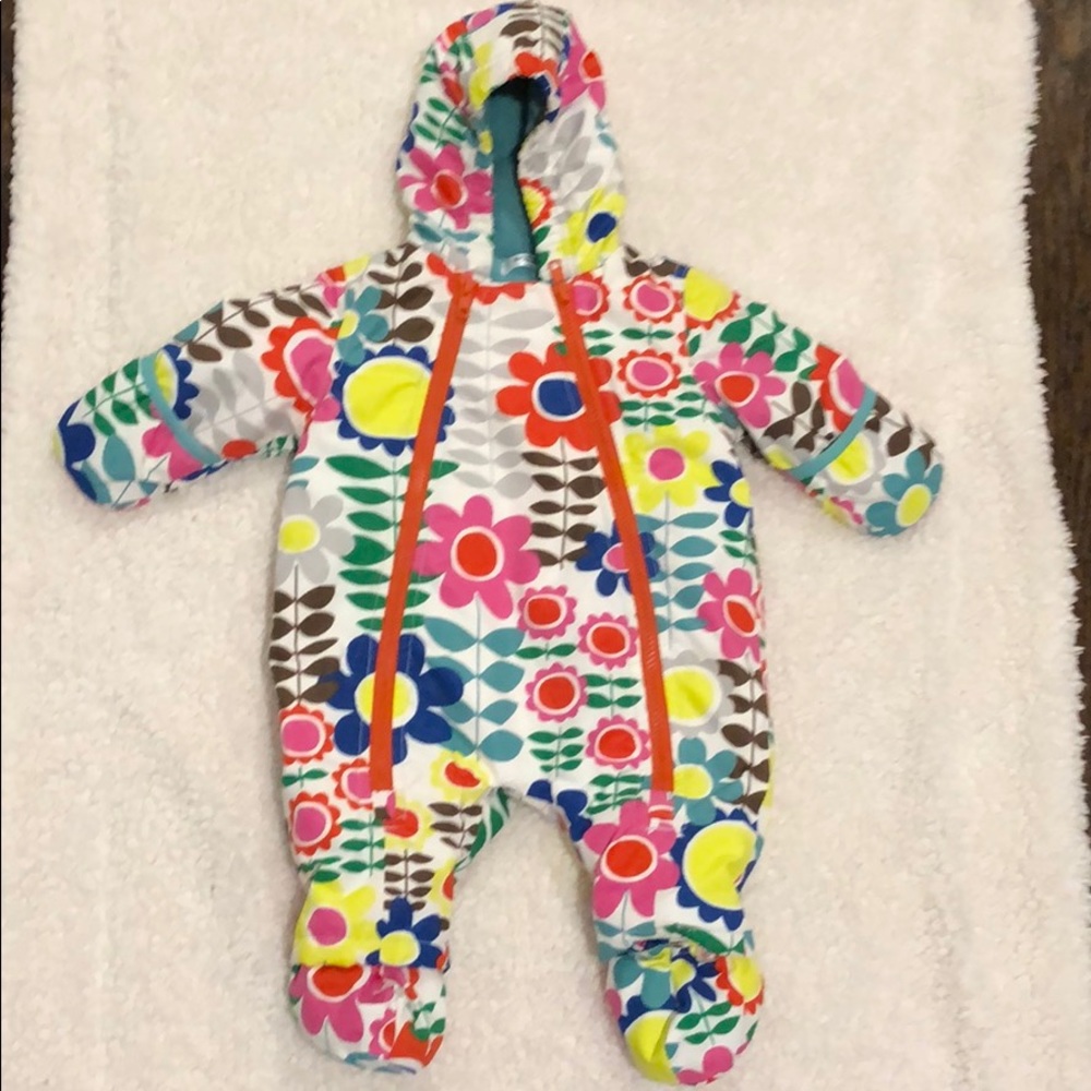 Mini Boden Floral Hooded Baby One-Piece in White with Multicolor Flowers